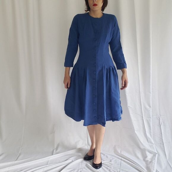 Vintage Dresses & Skirts - 50s/60s Hand Made Blue Wool Button‎ Down Dress